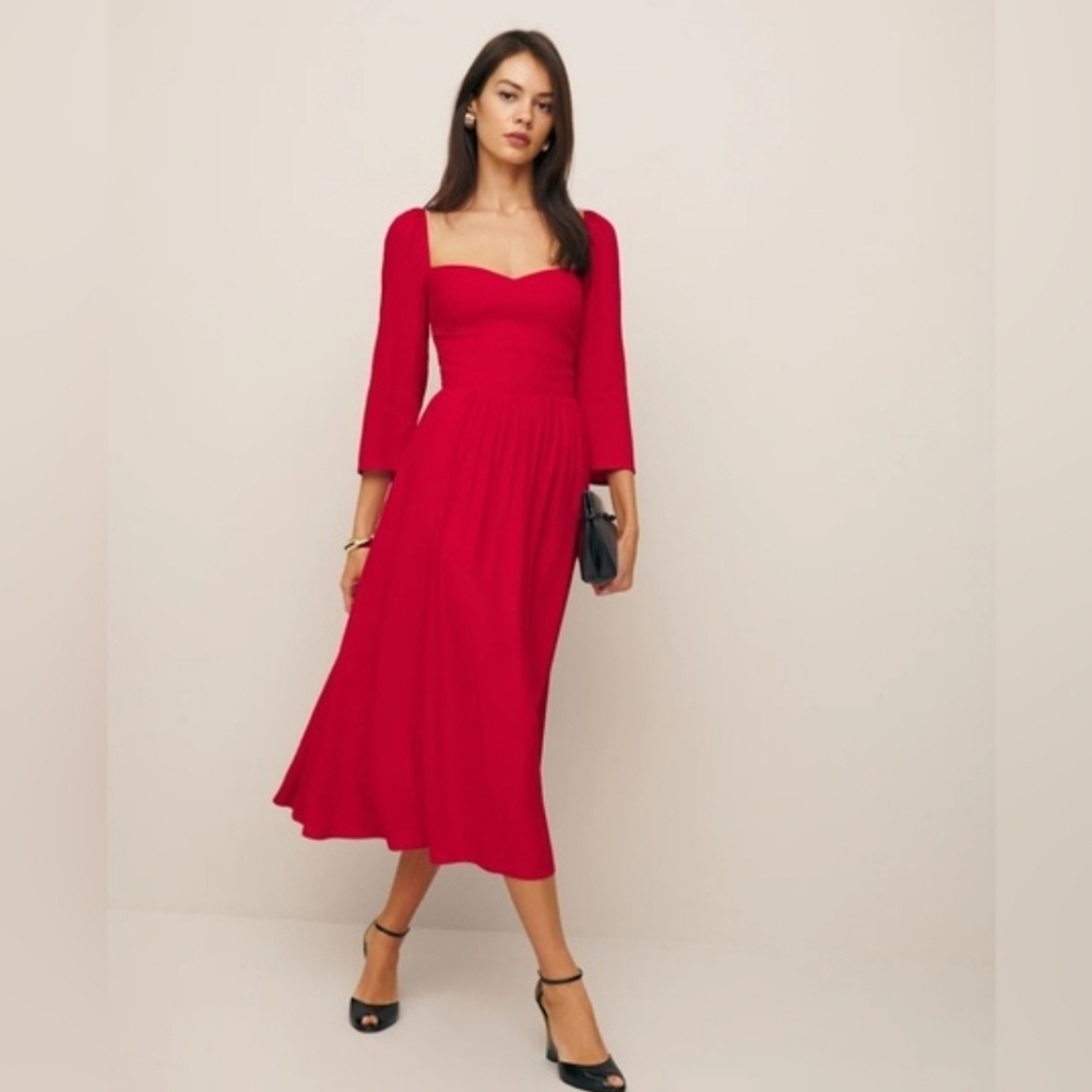 New Reformation Inori Dress in Cherry Red Midi Sweetheart Neckline Size 4